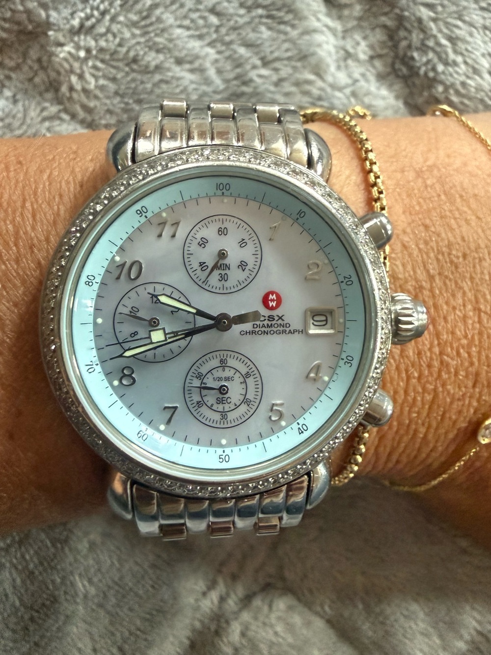 Y2K Michele Watch silver stainless steel/diamond bezel/blue accent/ extra links